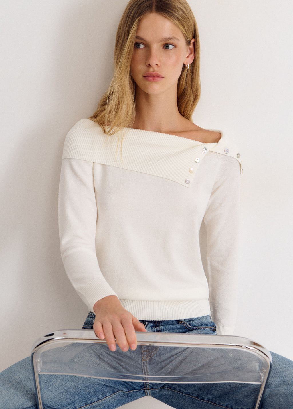 Ribbed-neck button-up sweater