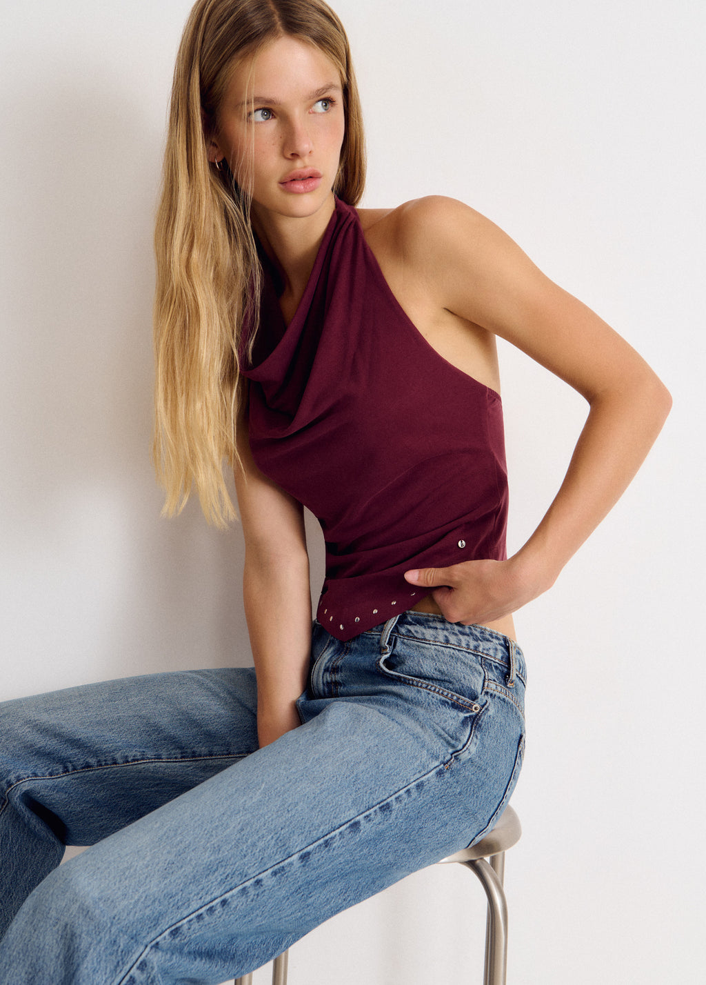 Haltertop met studs van cupro