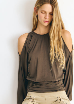 Viscose T-shirt met rimpeling onderaan