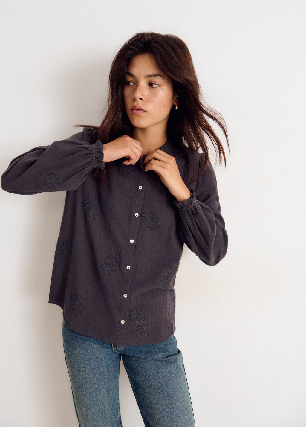 Embroidered long-sleeve blouse