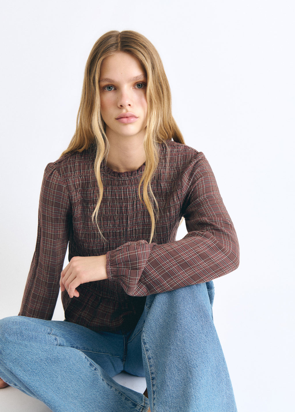 Checked blouse with ruching