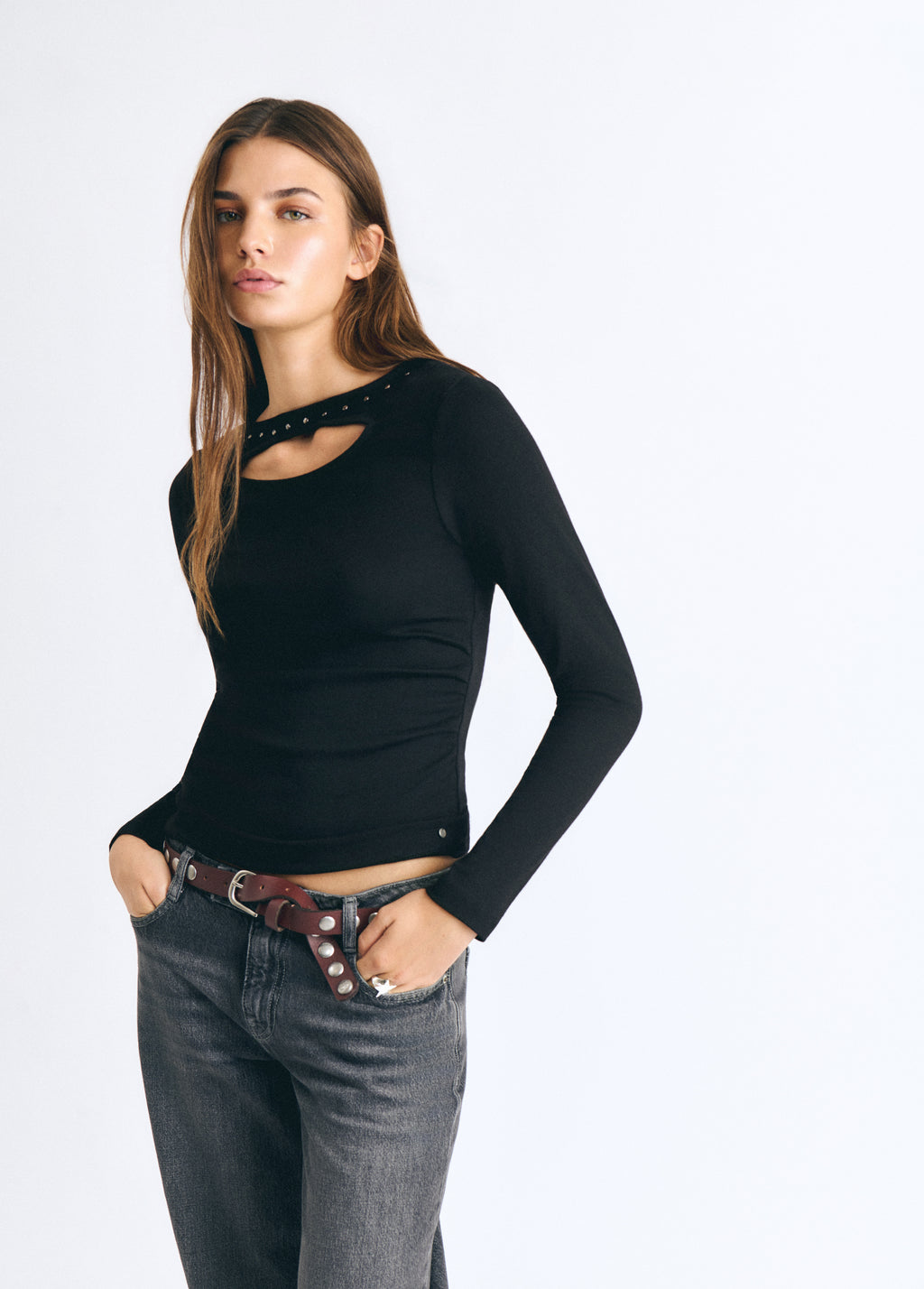 T-shirt with front cut out and studs