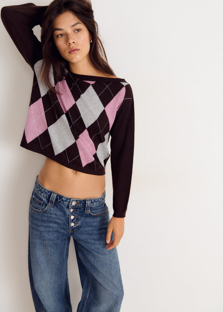 Asymmetrical diamond-patterned sweater
