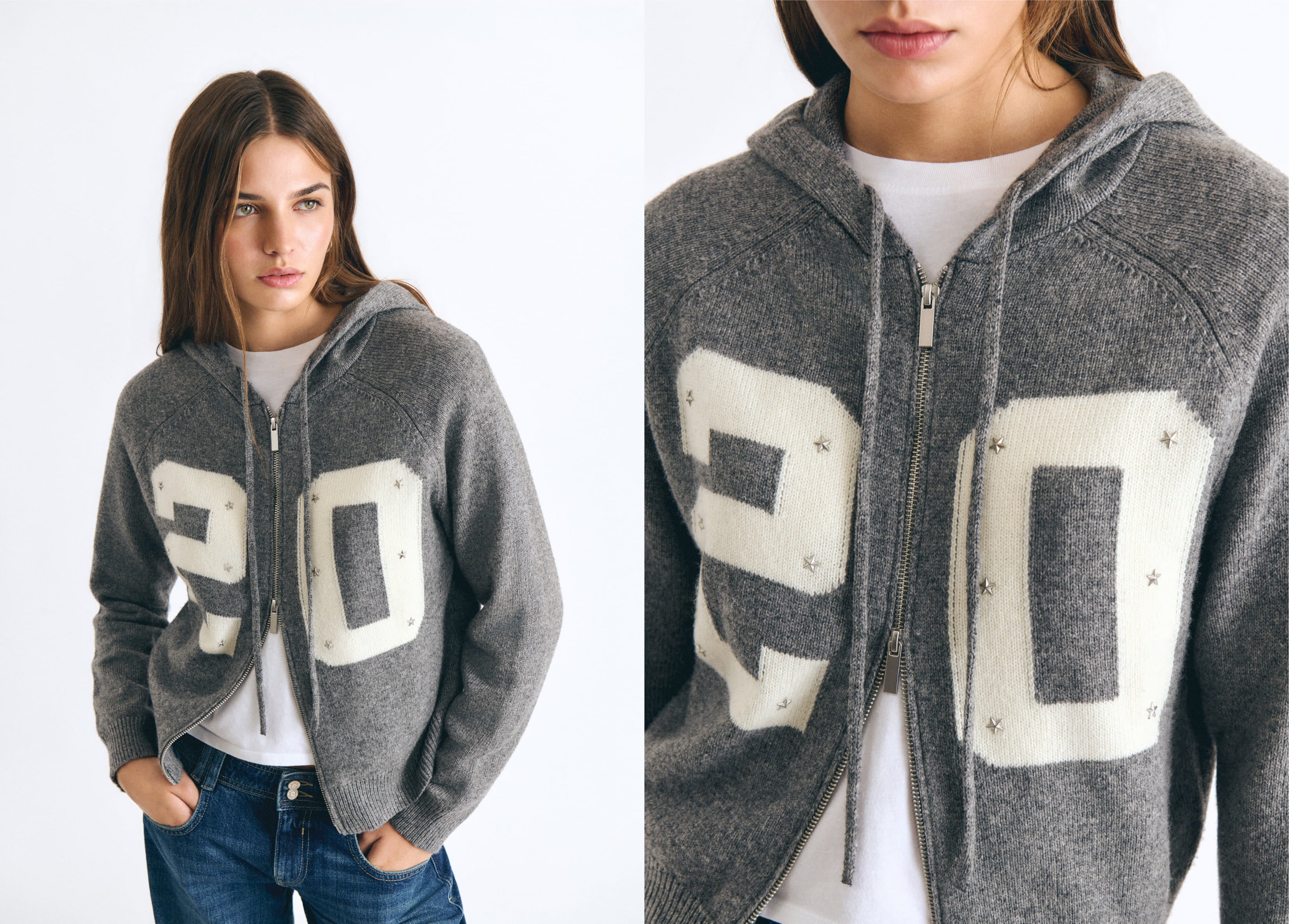 Chaqueta de punto gris con capucha y cremallera, luciendo el número 20 en blanco sobre el pecho