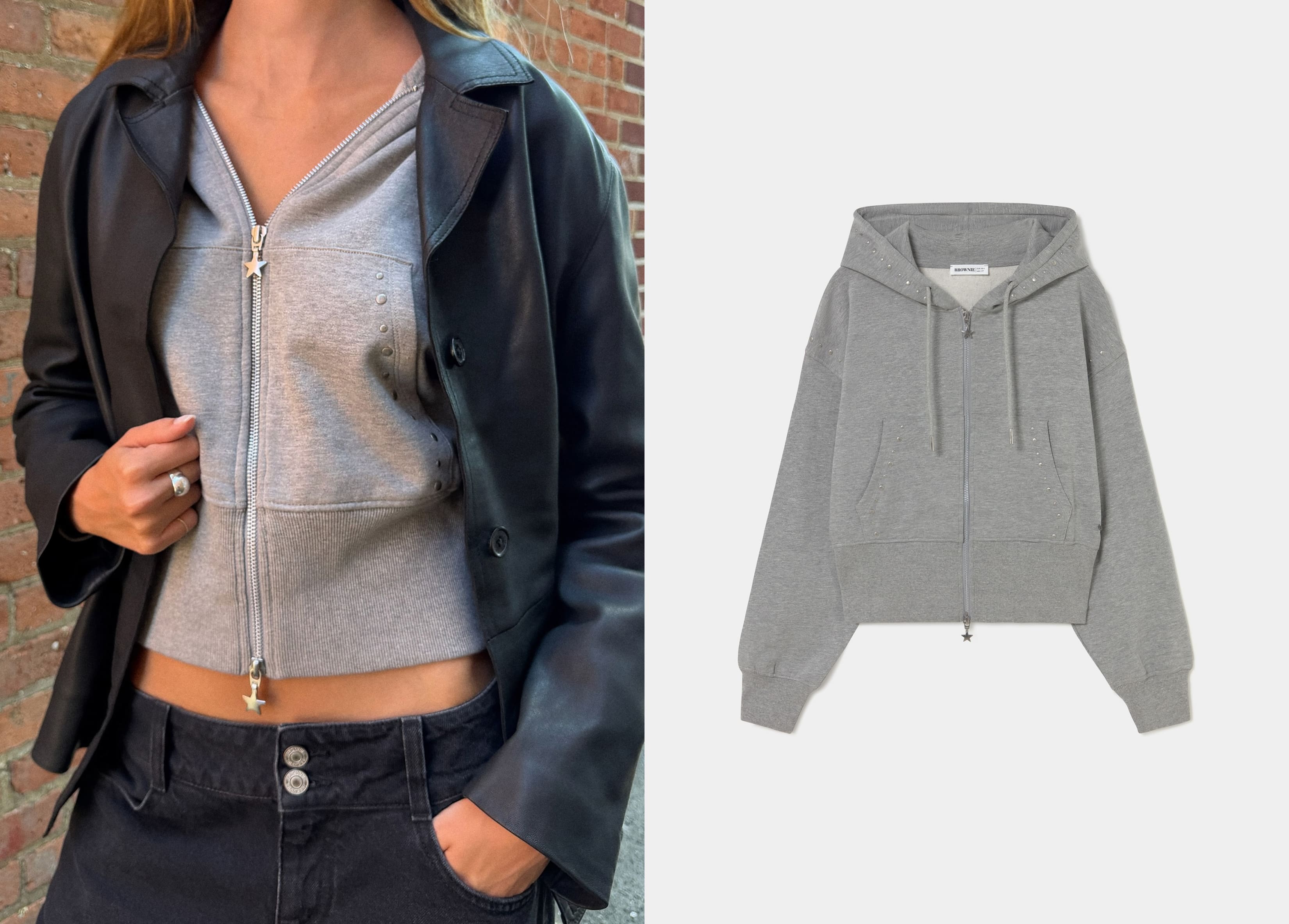 Sudadera gris de cremallera frontal con detalle de tachas en el pecho y capucha