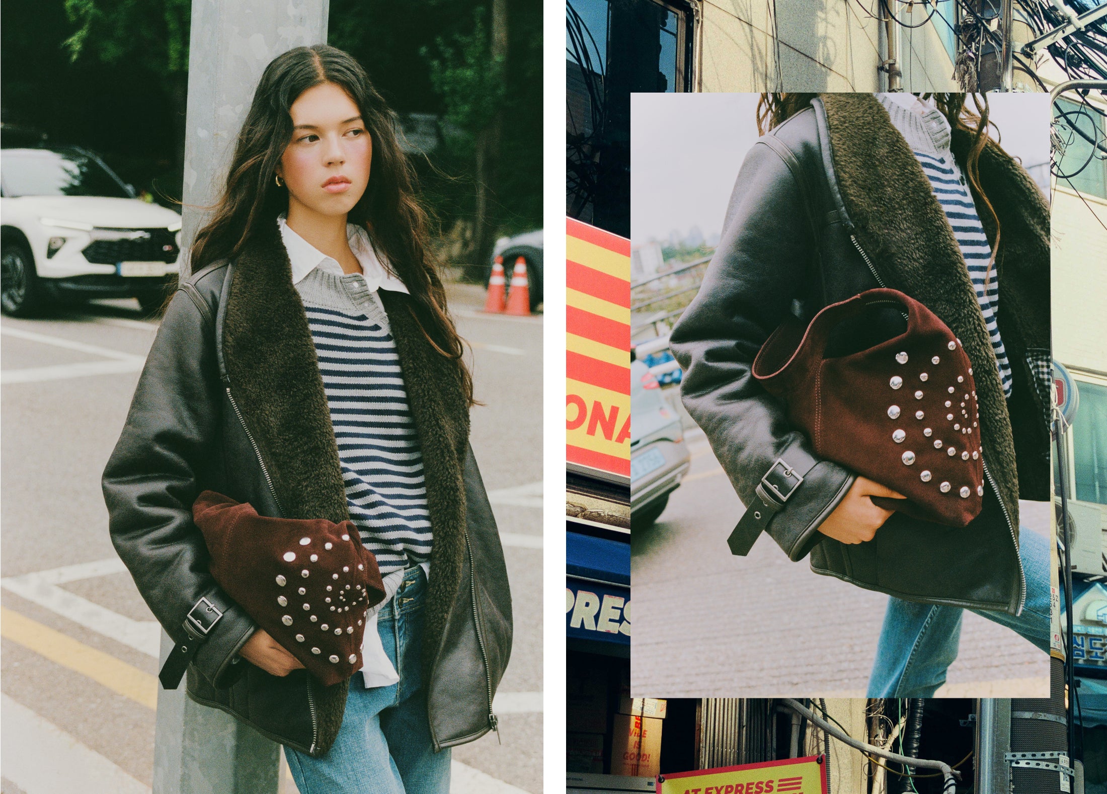 Shoulder bag with spiral studs