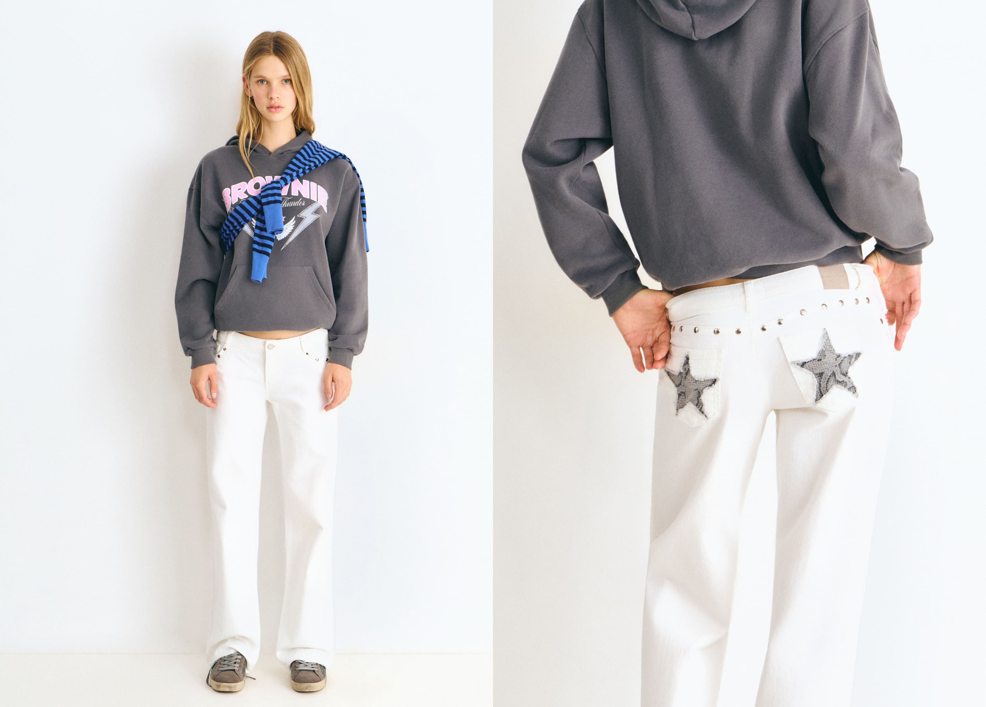 Low-rise pants with glitter stars and studs