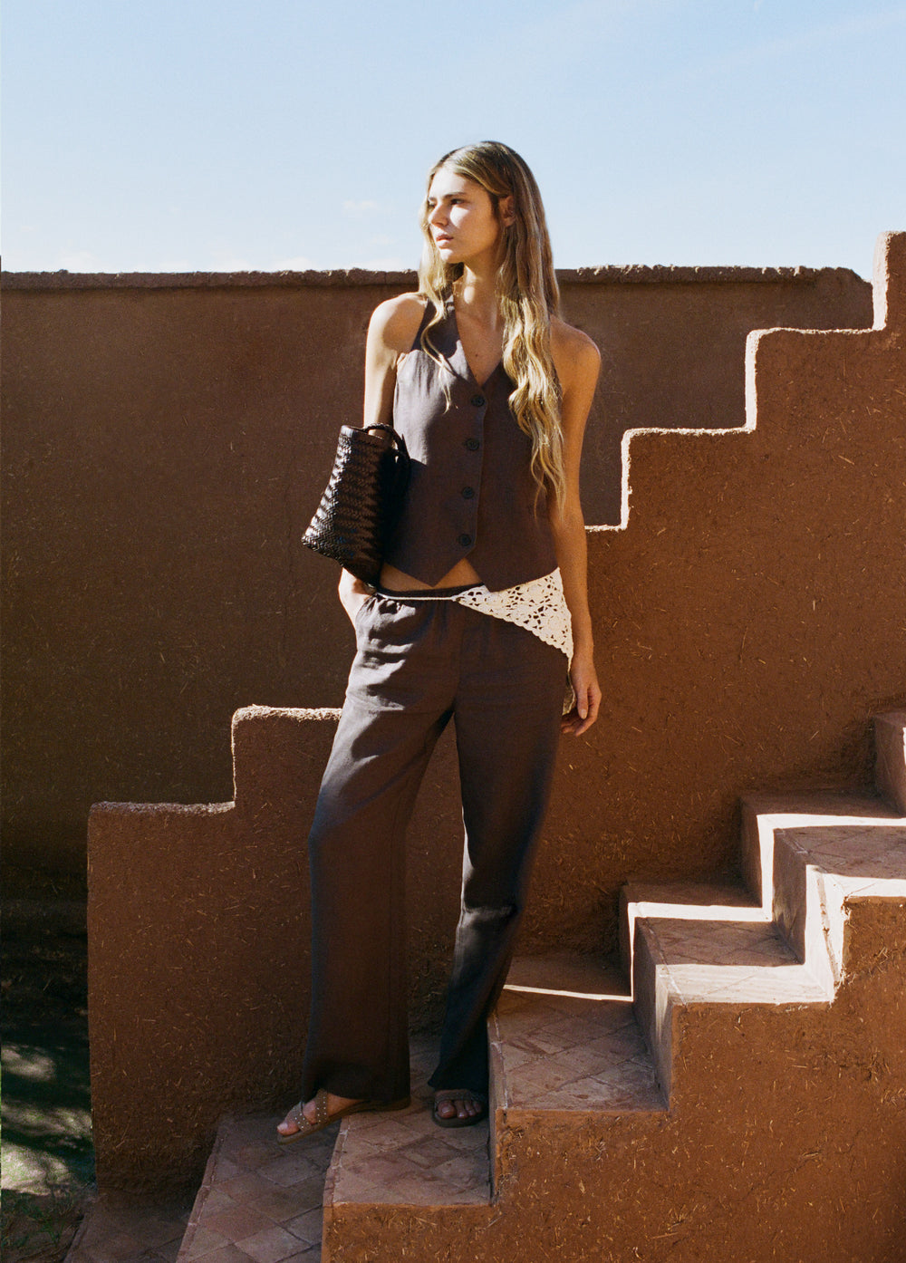 Pants with linen waist detail