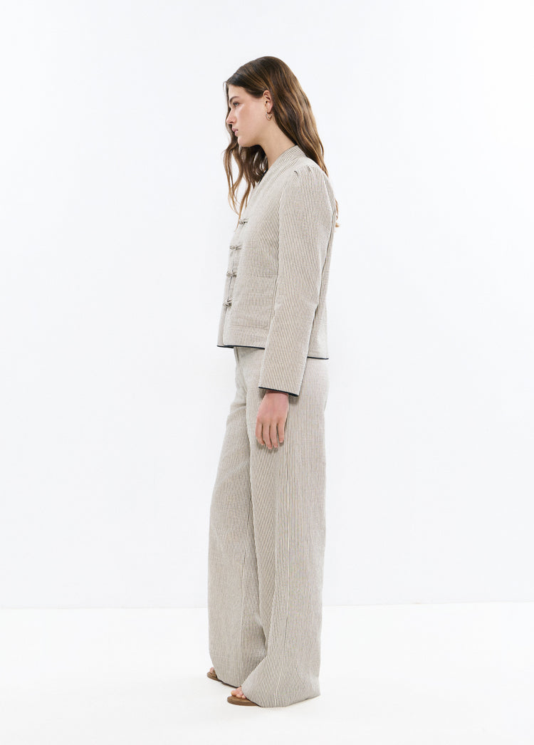 Broek met linnen, strepen en contrasterende biezen