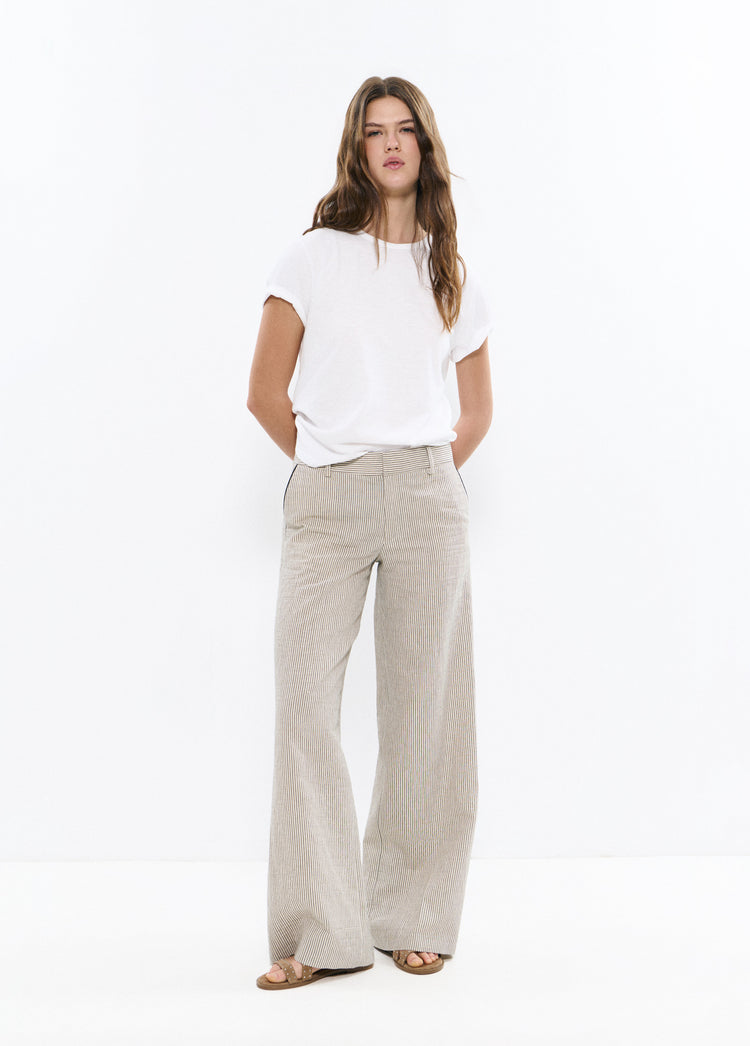Broek met linnen, strepen en contrasterende biezen