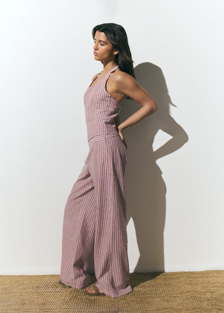 Pantalon rayé à large taille