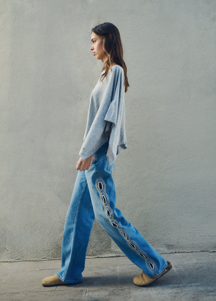 Pantalon droit broderies latérales