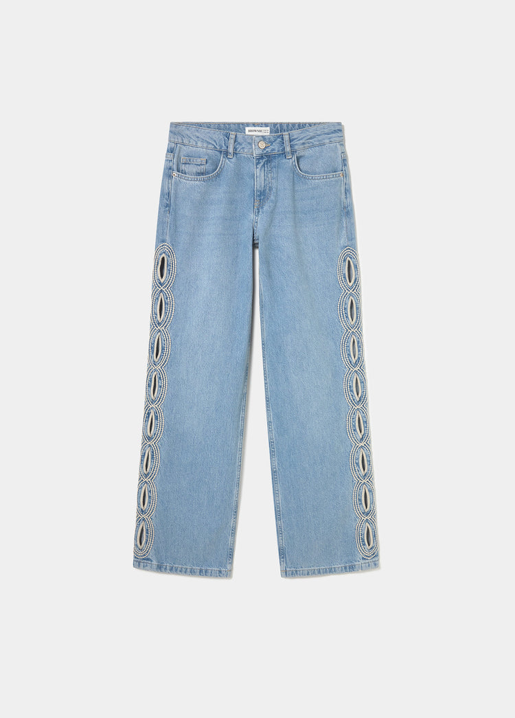 Pantalon droit broderies latérales