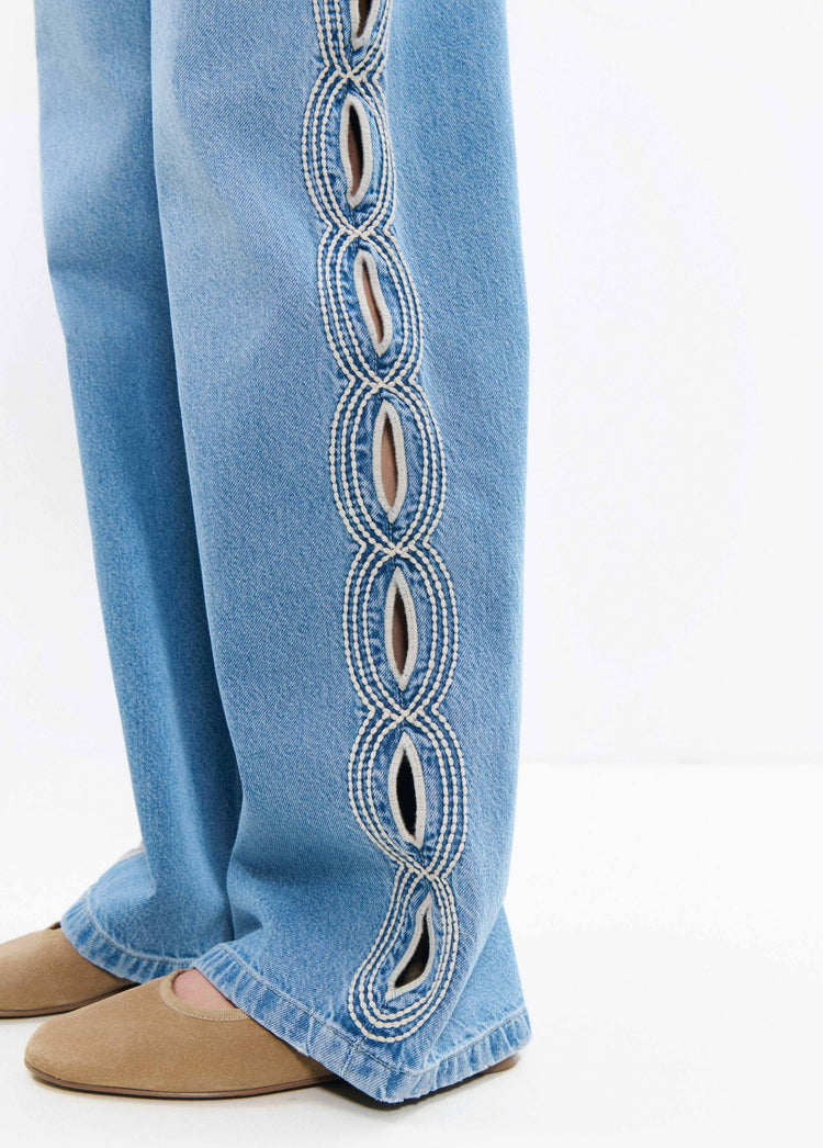 Pantalon droit broderies latérales