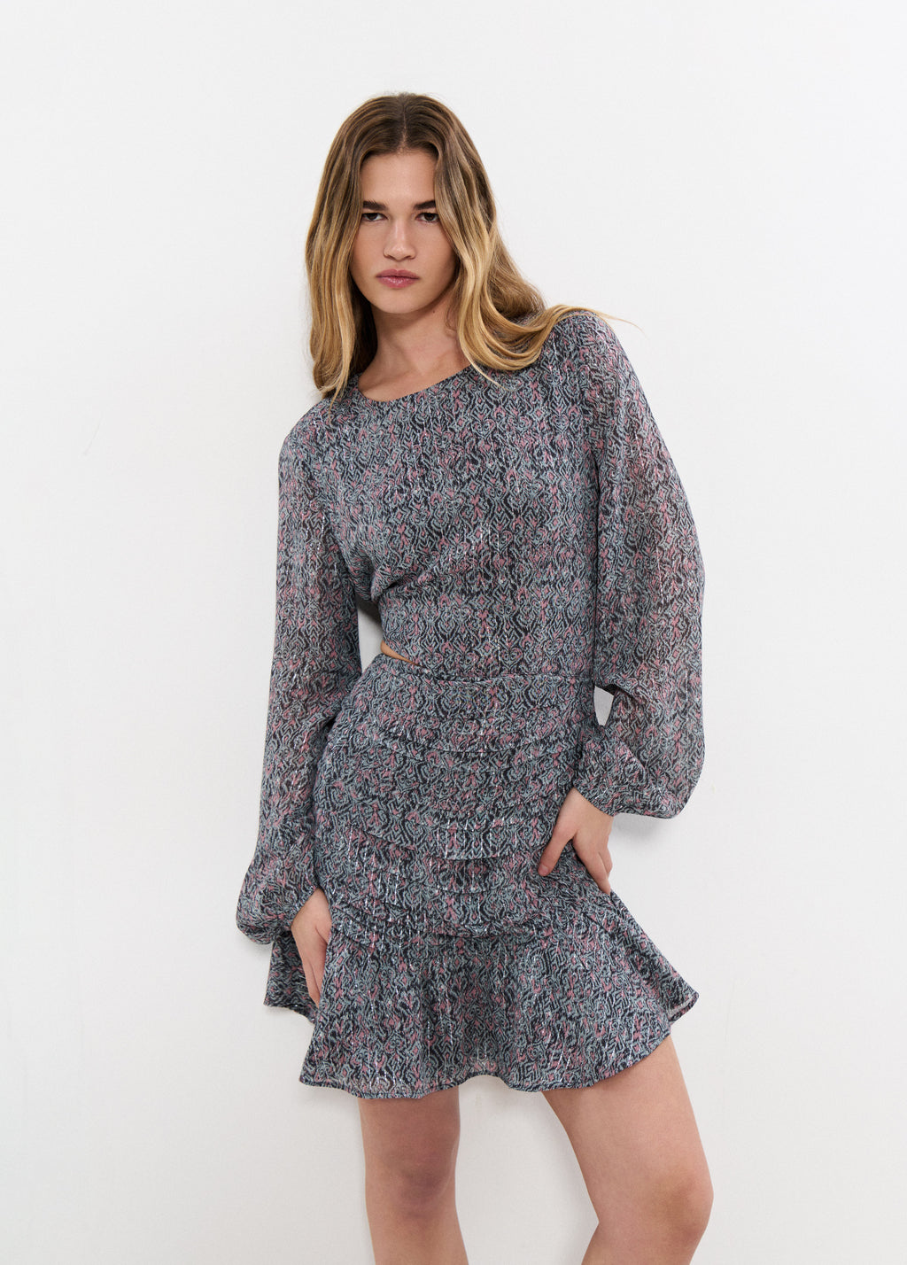 Cut-out lurex printed dress