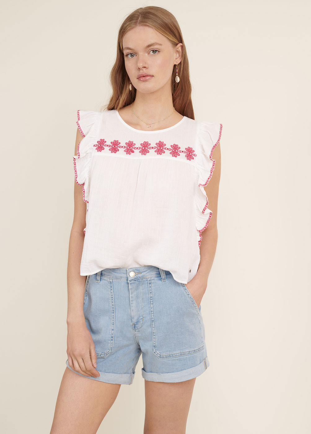 MIMI EMBROIDERED RUFFLED TOP
