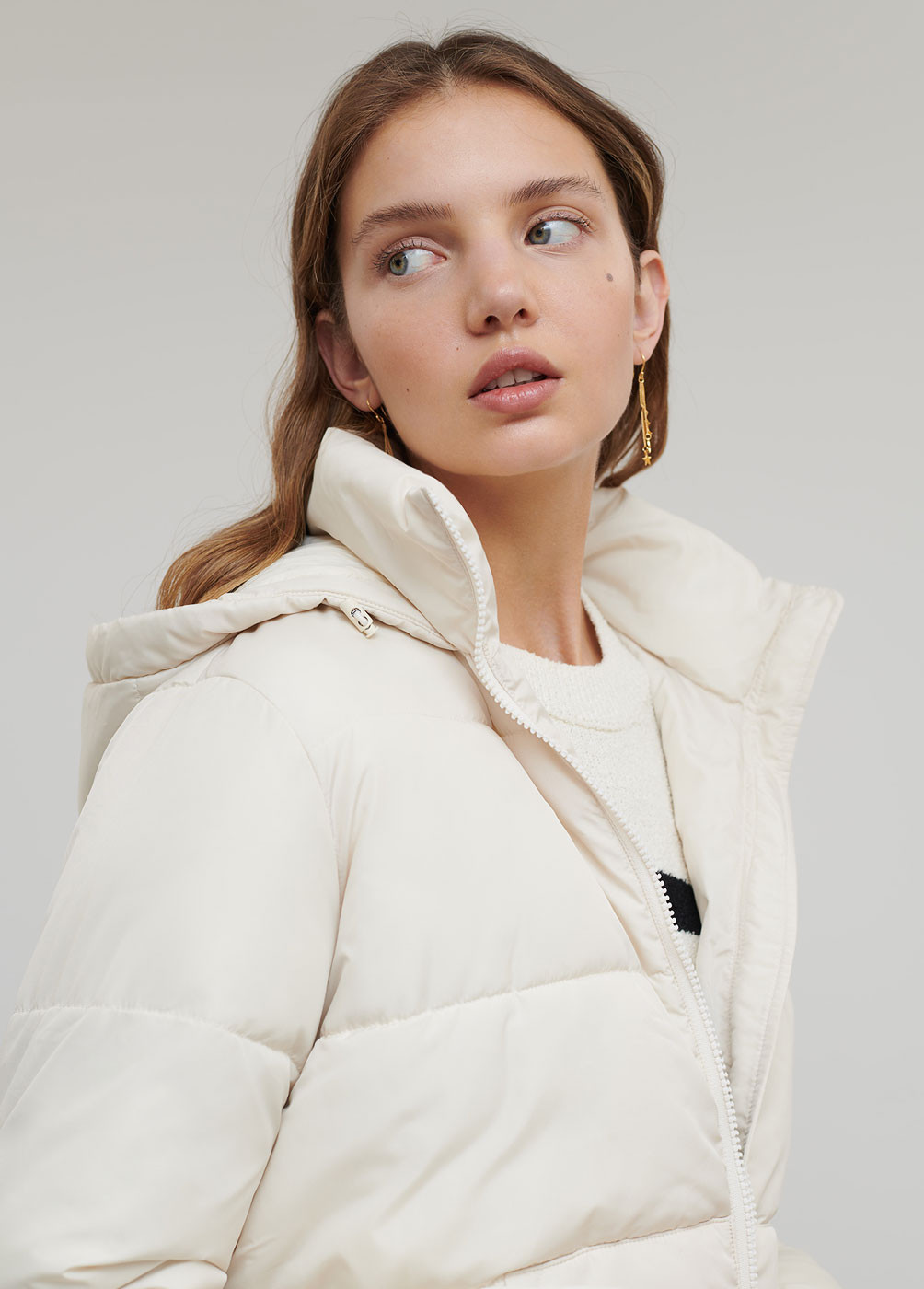 QUILTED HOODED FLEECE-LINED COAT