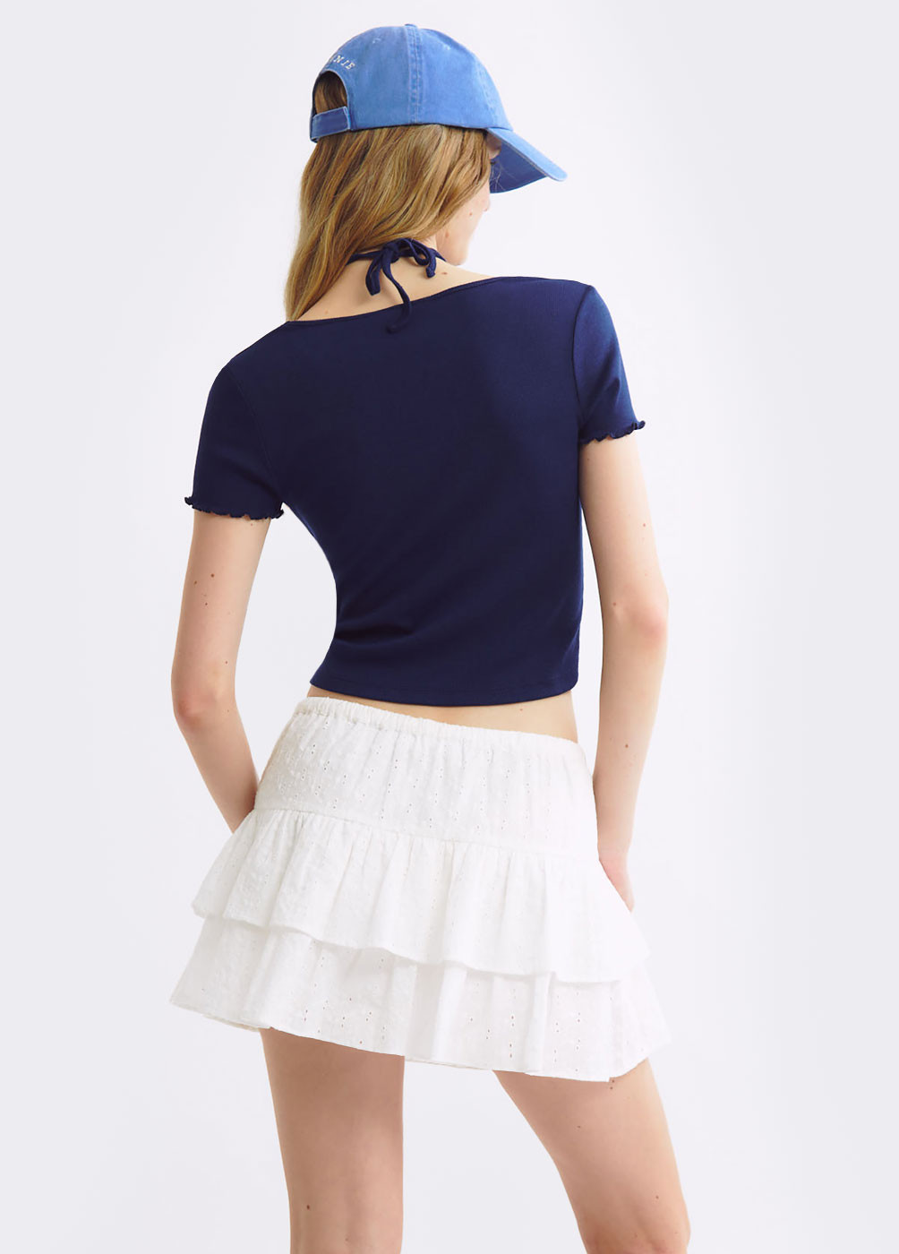 RUFFLED T-SHIRT WITH TIED NECKLINE