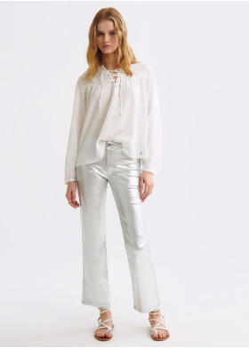 PLAIN LONG-SLEEVED LACE-UP BLOUSE