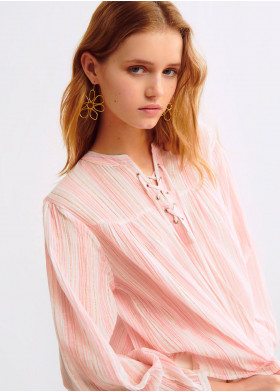 STRIPED LONG-SLEEVED LACE-UP BLOUSE
