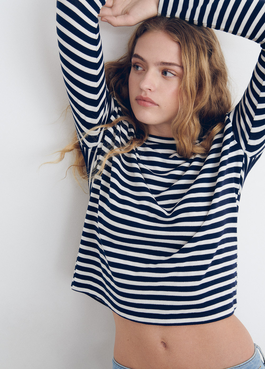 Woven striped long-sleeved...