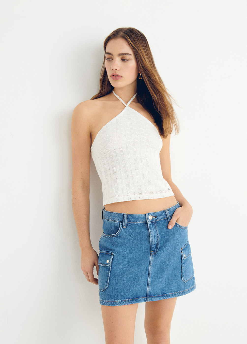 Halterneck cutwork knit top