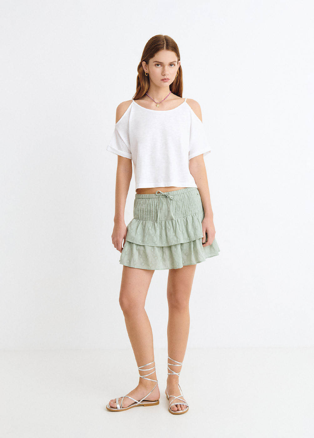 Textured fabric pin-tuck skirt
