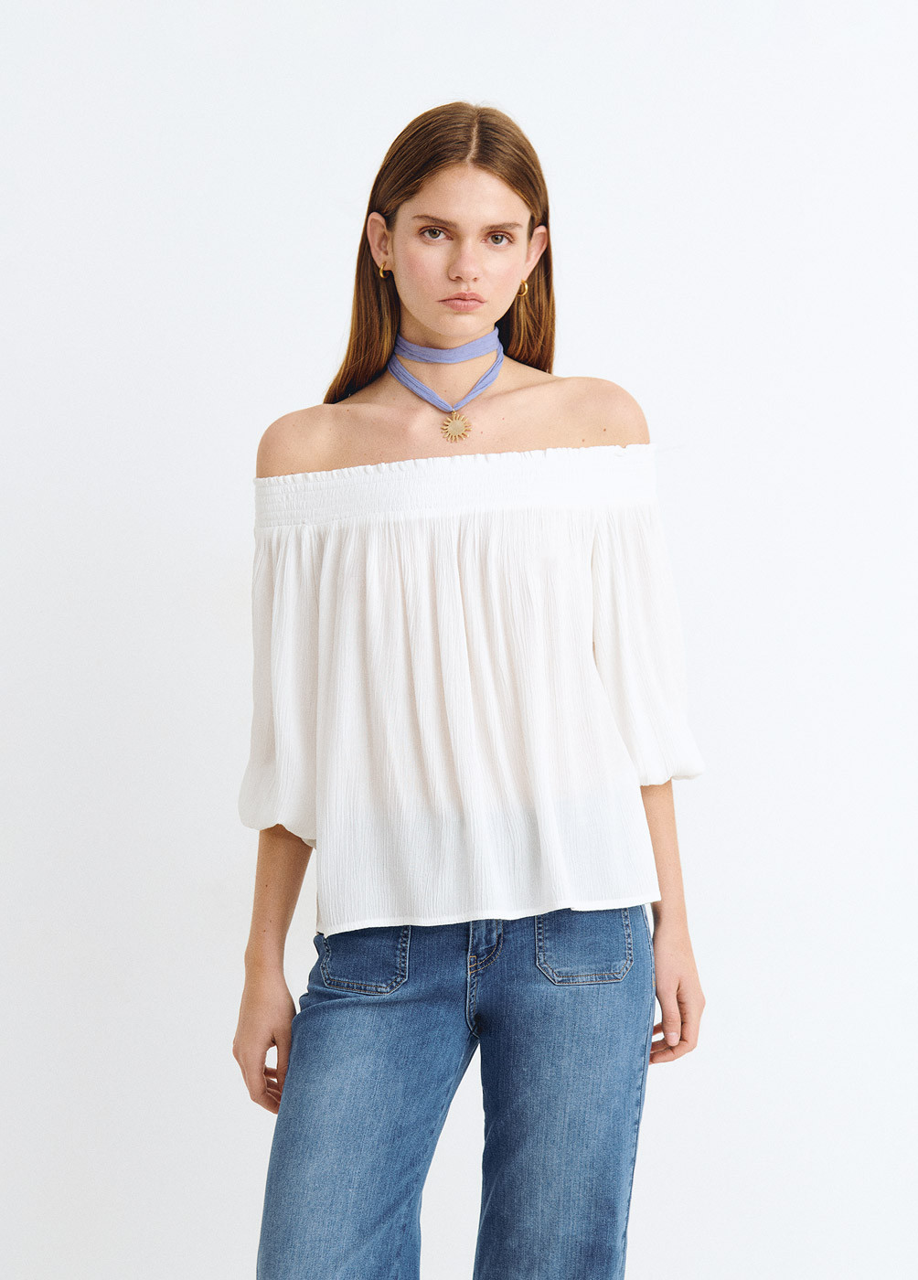 Smocked cold-shoulder blouse