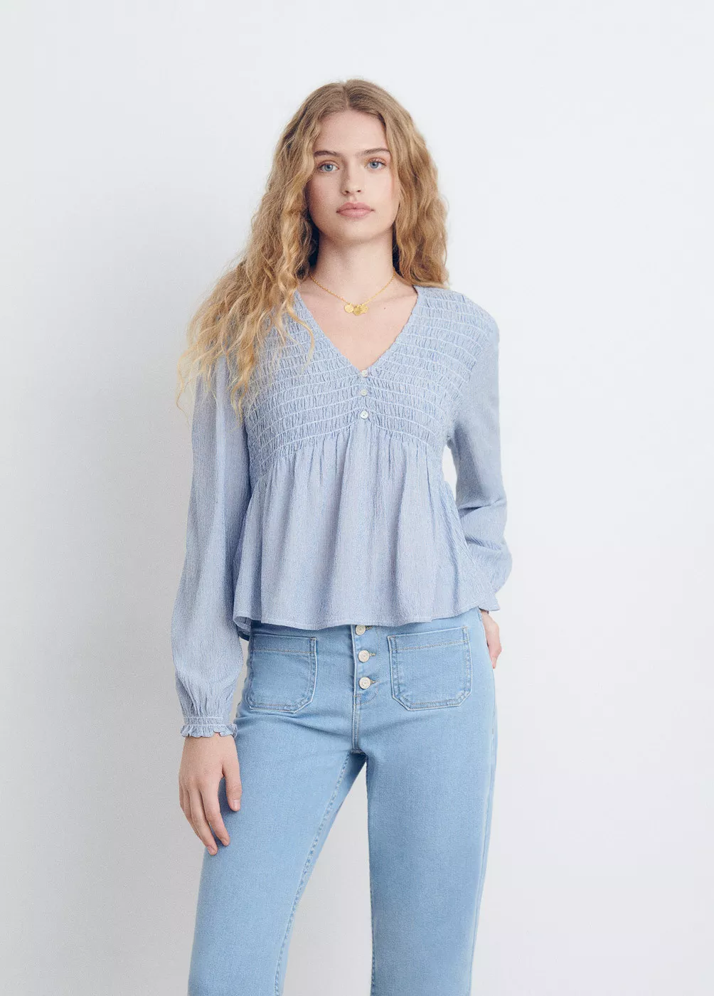 Cropped smocked blouse with...