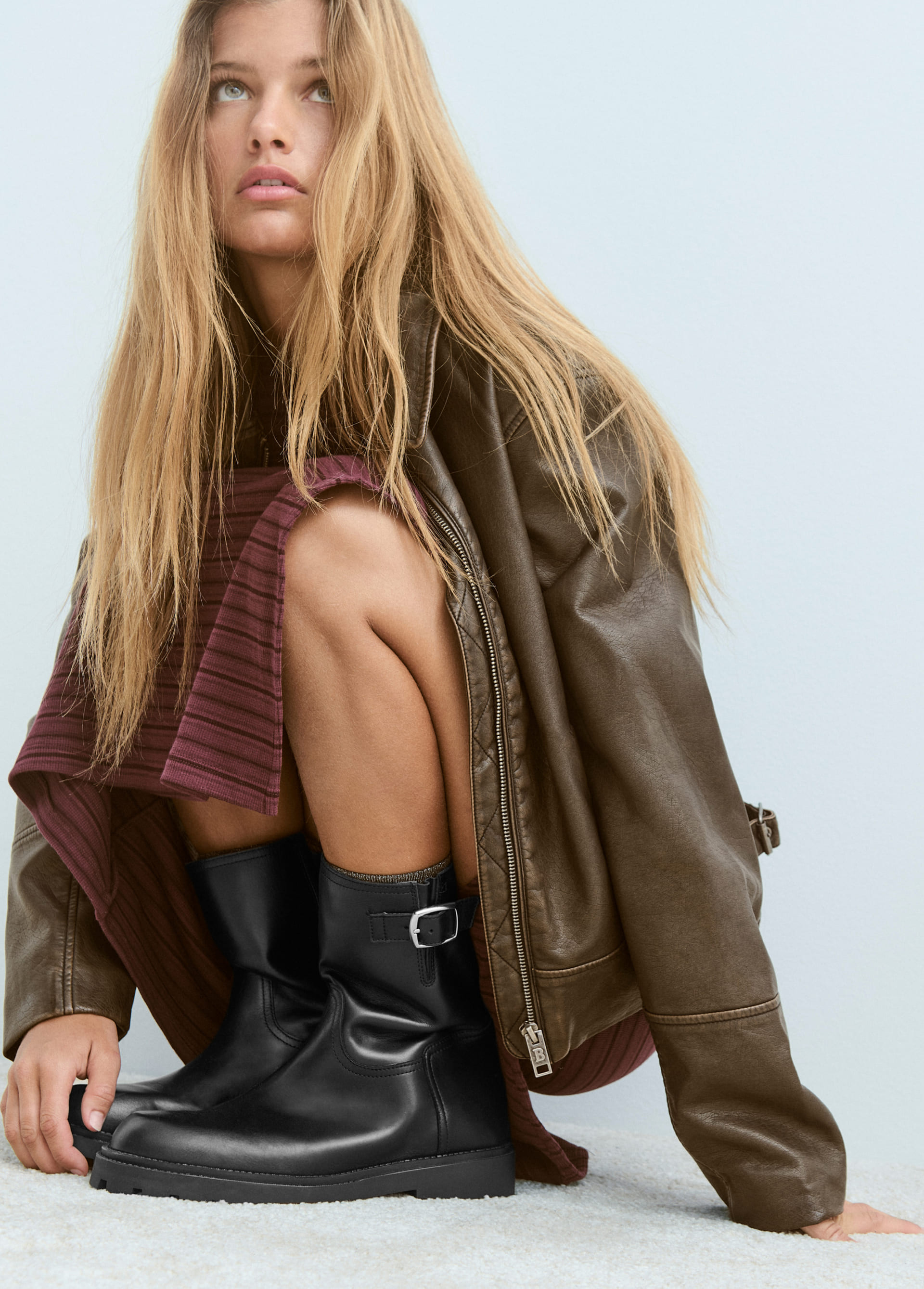 Leather buckled biker boot BROWNIE