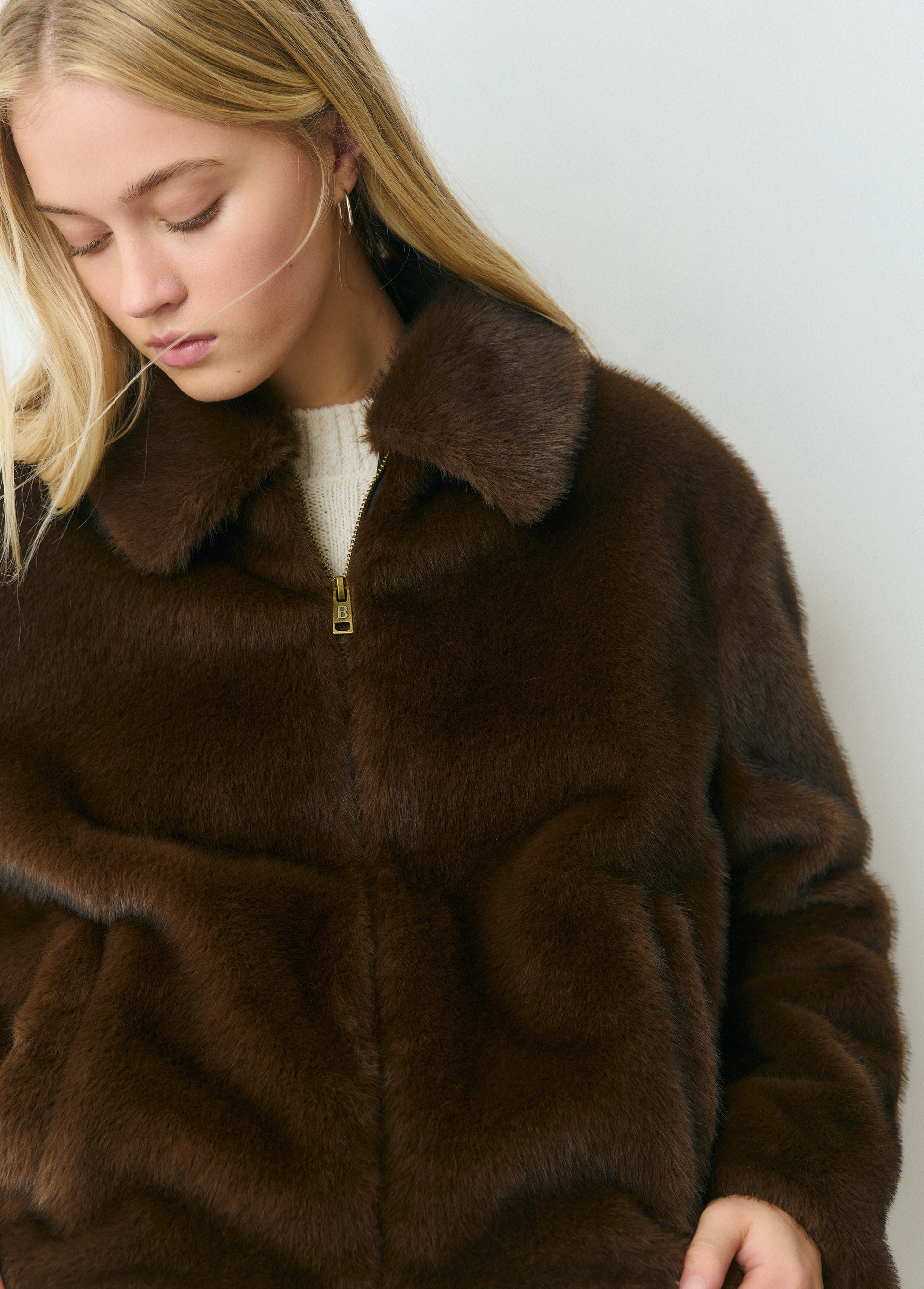 Faux fur zip coat BROWNIE