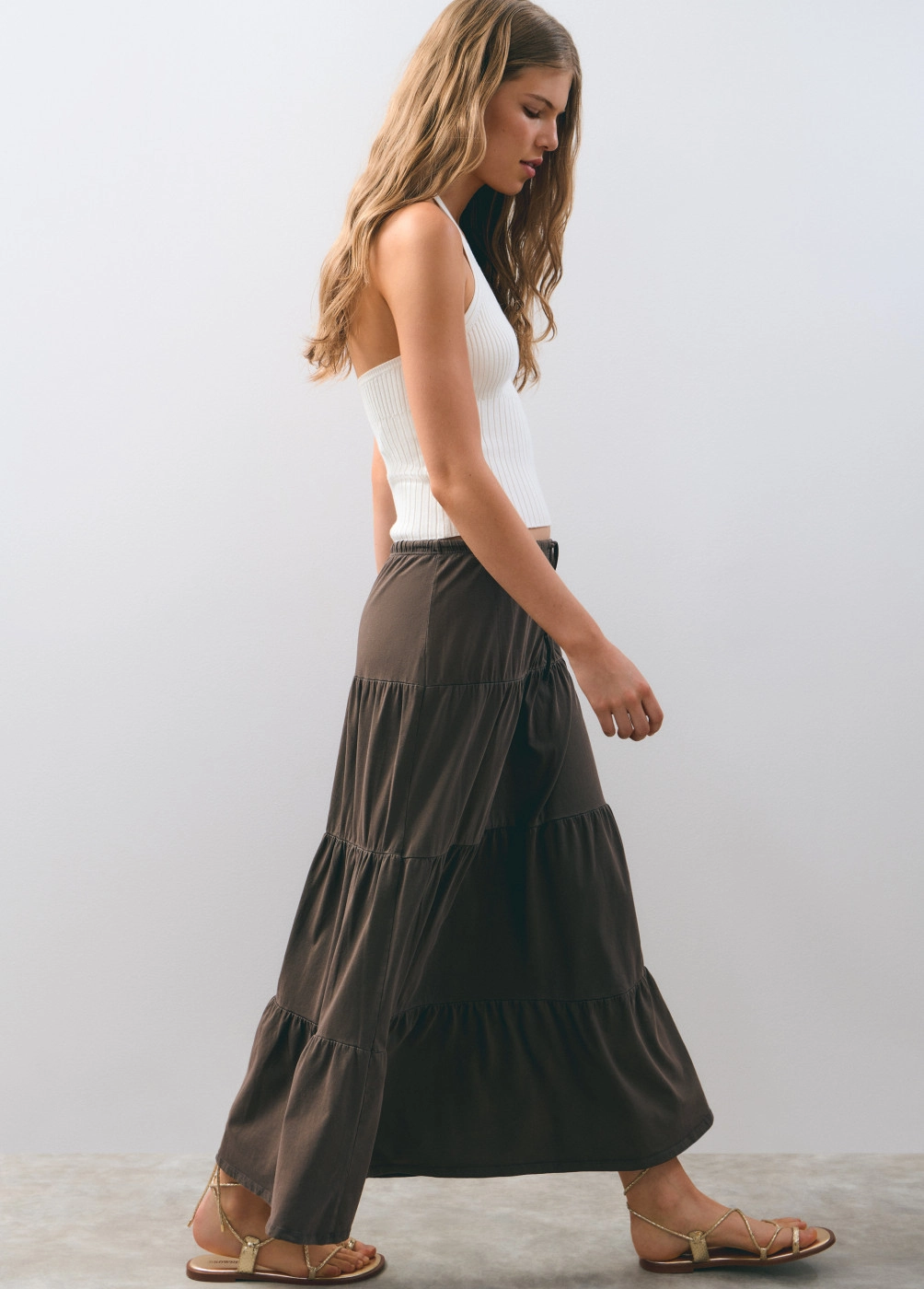 Washed long tiered skirt
